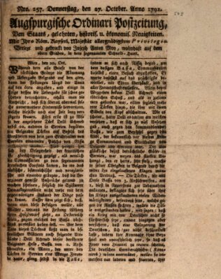 Augsburgische Ordinari Postzeitung von Staats-, gelehrten, historisch- u. ökonomischen Neuigkeiten (Augsburger Postzeitung) Donnerstag 27. Oktober 1791