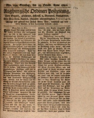 Augsburgische Ordinari Postzeitung von Staats-, gelehrten, historisch- u. ökonomischen Neuigkeiten (Augsburger Postzeitung) Samstag 29. Oktober 1791