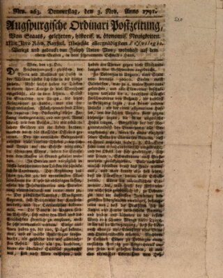 Augsburgische Ordinari Postzeitung von Staats-, gelehrten, historisch- u. ökonomischen Neuigkeiten (Augsburger Postzeitung) Donnerstag 3. November 1791