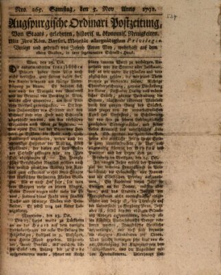 Augsburgische Ordinari Postzeitung von Staats-, gelehrten, historisch- u. ökonomischen Neuigkeiten (Augsburger Postzeitung) Samstag 5. November 1791