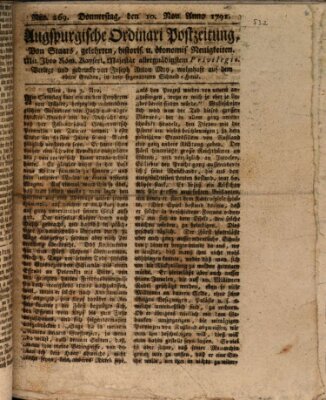 Augsburgische Ordinari Postzeitung von Staats-, gelehrten, historisch- u. ökonomischen Neuigkeiten (Augsburger Postzeitung) Donnerstag 10. November 1791