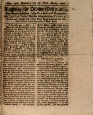 Augsburgische Ordinari Postzeitung von Staats-, gelehrten, historisch- u. ökonomischen Neuigkeiten (Augsburger Postzeitung) Freitag 18. November 1791