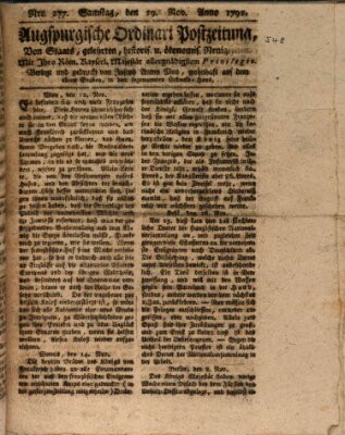 Augsburgische Ordinari Postzeitung von Staats-, gelehrten, historisch- u. ökonomischen Neuigkeiten (Augsburger Postzeitung) Samstag 19. November 1791