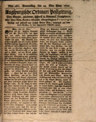 Augsburgische Ordinari Postzeitung von Staats-, gelehrten, historisch- u. ökonomischen Neuigkeiten (Augsburger Postzeitung) Donnerstag 24. November 1791