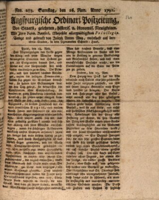 Augsburgische Ordinari Postzeitung von Staats-, gelehrten, historisch- u. ökonomischen Neuigkeiten (Augsburger Postzeitung) Samstag 26. November 1791