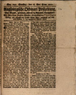 Augsburgische Ordinari Postzeitung von Staats-, gelehrten, historisch- u. ökonomischen Neuigkeiten (Augsburger Postzeitung) Dienstag 6. Dezember 1791