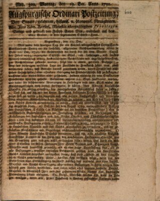 Augsburgische Ordinari Postzeitung von Staats-, gelehrten, historisch- u. ökonomischen Neuigkeiten (Augsburger Postzeitung) Montag 19. Dezember 1791