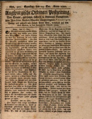 Augsburgische Ordinari Postzeitung von Staats-, gelehrten, historisch- u. ökonomischen Neuigkeiten (Augsburger Postzeitung) Samstag 24. Dezember 1791