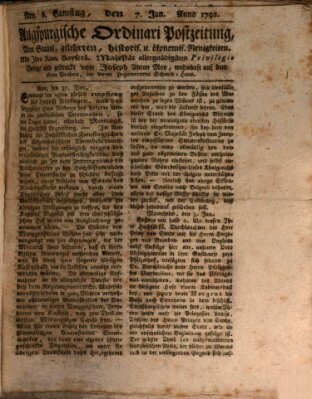 Augsburgische Ordinari Postzeitung von Staats-, gelehrten, historisch- u. ökonomischen Neuigkeiten (Augsburger Postzeitung) Samstag 7. Januar 1792