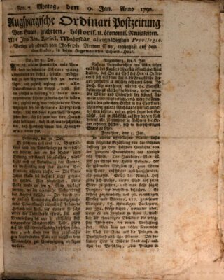 Augsburgische Ordinari Postzeitung von Staats-, gelehrten, historisch- u. ökonomischen Neuigkeiten (Augsburger Postzeitung) Montag 9. Januar 1792