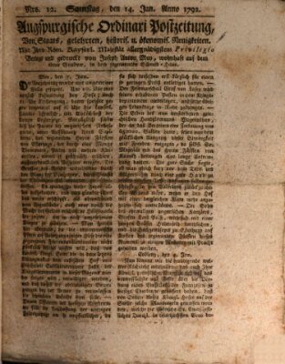 Augsburgische Ordinari Postzeitung von Staats-, gelehrten, historisch- u. ökonomischen Neuigkeiten (Augsburger Postzeitung) Samstag 14. Januar 1792