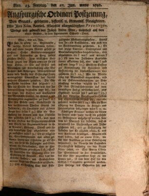 Augsburgische Ordinari Postzeitung von Staats-, gelehrten, historisch- u. ökonomischen Neuigkeiten (Augsburger Postzeitung) Freitag 27. Januar 1792