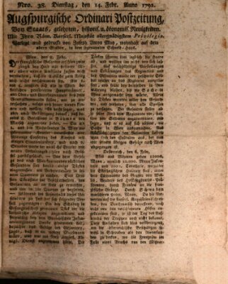 Augsburgische Ordinari Postzeitung von Staats-, gelehrten, historisch- u. ökonomischen Neuigkeiten (Augsburger Postzeitung) Dienstag 14. Februar 1792