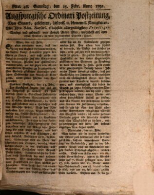 Augsburgische Ordinari Postzeitung von Staats-, gelehrten, historisch- u. ökonomischen Neuigkeiten (Augsburger Postzeitung) Samstag 25. Februar 1792