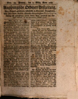 Augsburgische Ordinari Postzeitung von Staats-, gelehrten, historisch- u. ökonomischen Neuigkeiten (Augsburger Postzeitung) Freitag 2. März 1792