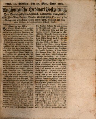 Augsburgische Ordinari Postzeitung von Staats-, gelehrten, historisch- u. ökonomischen Neuigkeiten (Augsburger Postzeitung) Dienstag 20. März 1792