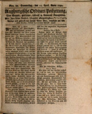 Augsburgische Ordinari Postzeitung von Staats-, gelehrten, historisch- u. ökonomischen Neuigkeiten (Augsburger Postzeitung) Donnerstag 12. April 1792