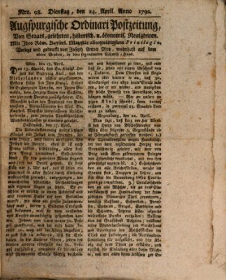 Augsburgische Ordinari Postzeitung von Staats-, gelehrten, historisch- u. ökonomischen Neuigkeiten (Augsburger Postzeitung) Dienstag 24. April 1792