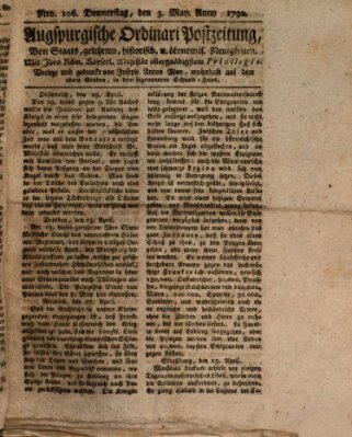 Augsburgische Ordinari Postzeitung von Staats-, gelehrten, historisch- u. ökonomischen Neuigkeiten (Augsburger Postzeitung) Donnerstag 3. Mai 1792