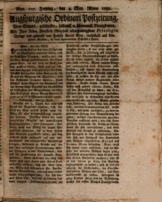 Augsburgische Ordinari Postzeitung von Staats-, gelehrten, historisch- u. ökonomischen Neuigkeiten (Augsburger Postzeitung) Freitag 4. Mai 1792