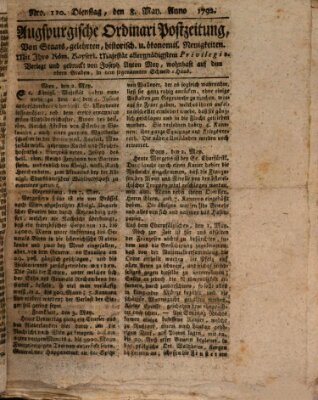 Augsburgische Ordinari Postzeitung von Staats-, gelehrten, historisch- u. ökonomischen Neuigkeiten (Augsburger Postzeitung) Dienstag 8. Mai 1792