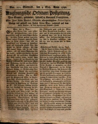 Augsburgische Ordinari Postzeitung von Staats-, gelehrten, historisch- u. ökonomischen Neuigkeiten (Augsburger Postzeitung) Mittwoch 9. Mai 1792