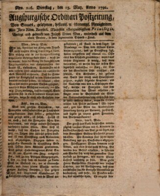 Augsburgische Ordinari Postzeitung von Staats-, gelehrten, historisch- u. ökonomischen Neuigkeiten (Augsburger Postzeitung) Dienstag 15. Mai 1792