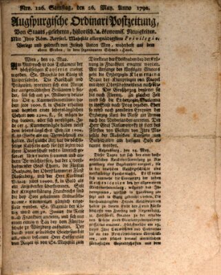 Augsburgische Ordinari Postzeitung von Staats-, gelehrten, historisch- u. ökonomischen Neuigkeiten (Augsburger Postzeitung) Samstag 26. Mai 1792