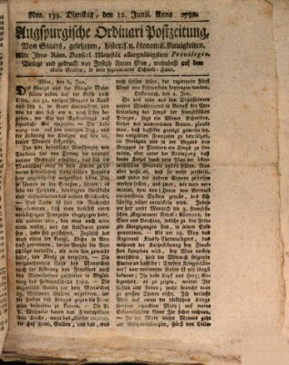 Augsburgische Ordinari Postzeitung von Staats-, gelehrten, historisch- u. ökonomischen Neuigkeiten (Augsburger Postzeitung) Dienstag 12. Juni 1792