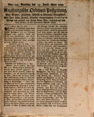 Augsburgische Ordinari Postzeitung von Staats-, gelehrten, historisch- u. ökonomischen Neuigkeiten (Augsburger Postzeitung) Samstag 23. Juni 1792