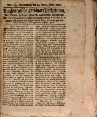 Augsburgische Ordinari Postzeitung von Staats-, gelehrten, historisch- u. ökonomischen Neuigkeiten (Augsburger Postzeitung) Donnerstag 28. Juni 1792