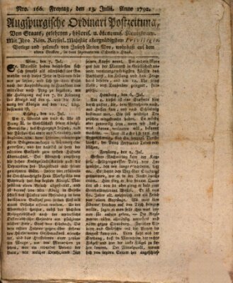 Augsburgische Ordinari Postzeitung von Staats-, gelehrten, historisch- u. ökonomischen Neuigkeiten (Augsburger Postzeitung) Freitag 13. Juli 1792