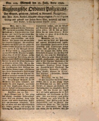 Augsburgische Ordinari Postzeitung von Staats-, gelehrten, historisch- u. ökonomischen Neuigkeiten (Augsburger Postzeitung) Mittwoch 18. Juli 1792