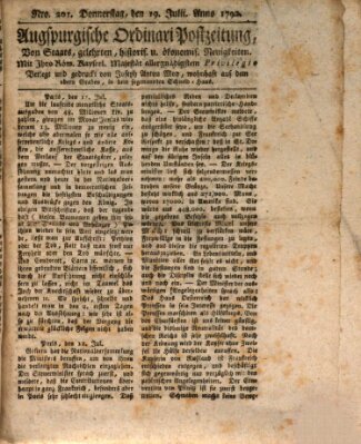 Augsburgische Ordinari Postzeitung von Staats-, gelehrten, historisch- u. ökonomischen Neuigkeiten (Augsburger Postzeitung) Donnerstag 19. Juli 1792