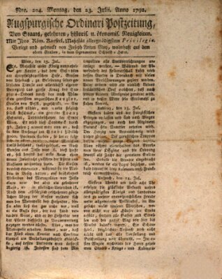 Augsburgische Ordinari Postzeitung von Staats-, gelehrten, historisch- u. ökonomischen Neuigkeiten (Augsburger Postzeitung) Montag 23. Juli 1792