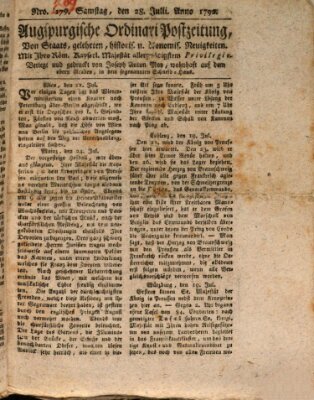 Augsburgische Ordinari Postzeitung von Staats-, gelehrten, historisch- u. ökonomischen Neuigkeiten (Augsburger Postzeitung) Samstag 28. Juli 1792