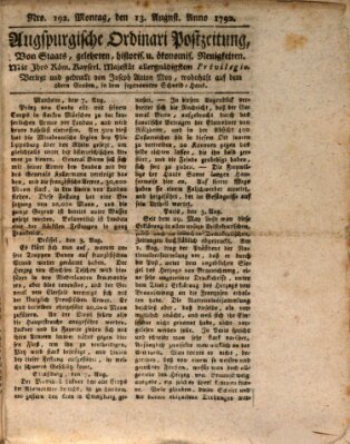 Augsburgische Ordinari Postzeitung von Staats-, gelehrten, historisch- u. ökonomischen Neuigkeiten (Augsburger Postzeitung) Montag 13. August 1792