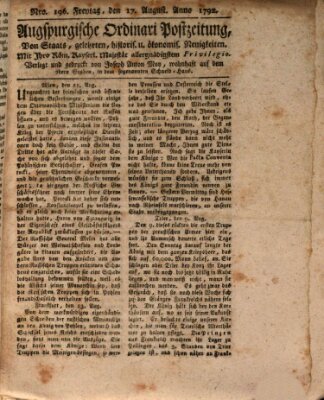 Augsburgische Ordinari Postzeitung von Staats-, gelehrten, historisch- u. ökonomischen Neuigkeiten (Augsburger Postzeitung) Freitag 17. August 1792