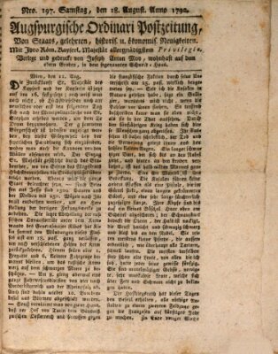 Augsburgische Ordinari Postzeitung von Staats-, gelehrten, historisch- u. ökonomischen Neuigkeiten (Augsburger Postzeitung) Samstag 18. August 1792