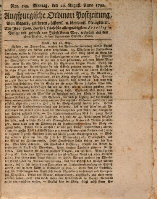 Augsburgische Ordinari Postzeitung von Staats-, gelehrten, historisch- u. ökonomischen Neuigkeiten (Augsburger Postzeitung) Montag 20. August 1792