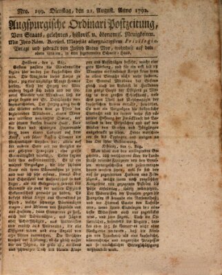 Augsburgische Ordinari Postzeitung von Staats-, gelehrten, historisch- u. ökonomischen Neuigkeiten (Augsburger Postzeitung) Dienstag 21. August 1792