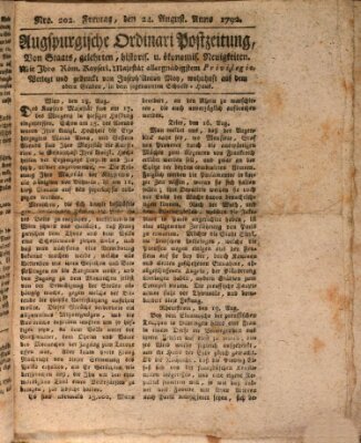 Augsburgische Ordinari Postzeitung von Staats-, gelehrten, historisch- u. ökonomischen Neuigkeiten (Augsburger Postzeitung) Freitag 24. August 1792