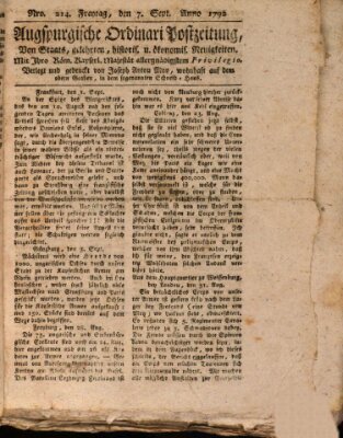 Augsburgische Ordinari Postzeitung von Staats-, gelehrten, historisch- u. ökonomischen Neuigkeiten (Augsburger Postzeitung) Freitag 7. September 1792