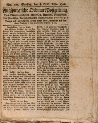 Augsburgische Ordinari Postzeitung von Staats-, gelehrten, historisch- u. ökonomischen Neuigkeiten (Augsburger Postzeitung) Samstag 8. September 1792