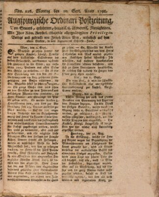 Augsburgische Ordinari Postzeitung von Staats-, gelehrten, historisch- u. ökonomischen Neuigkeiten (Augsburger Postzeitung) Montag 10. September 1792