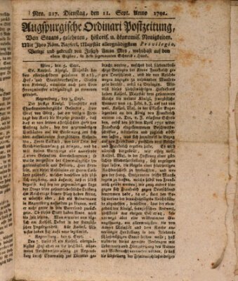 Augsburgische Ordinari Postzeitung von Staats-, gelehrten, historisch- u. ökonomischen Neuigkeiten (Augsburger Postzeitung) Dienstag 11. September 1792