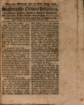 Augsburgische Ordinari Postzeitung von Staats-, gelehrten, historisch- u. ökonomischen Neuigkeiten (Augsburger Postzeitung) Mittwoch 12. September 1792
