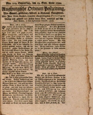 Augsburgische Ordinari Postzeitung von Staats-, gelehrten, historisch- u. ökonomischen Neuigkeiten (Augsburger Postzeitung) Donnerstag 13. September 1792