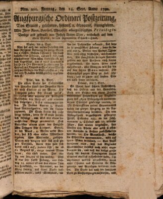 Augsburgische Ordinari Postzeitung von Staats-, gelehrten, historisch- u. ökonomischen Neuigkeiten (Augsburger Postzeitung) Freitag 14. September 1792