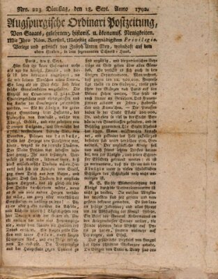 Augsburgische Ordinari Postzeitung von Staats-, gelehrten, historisch- u. ökonomischen Neuigkeiten (Augsburger Postzeitung) Dienstag 18. September 1792